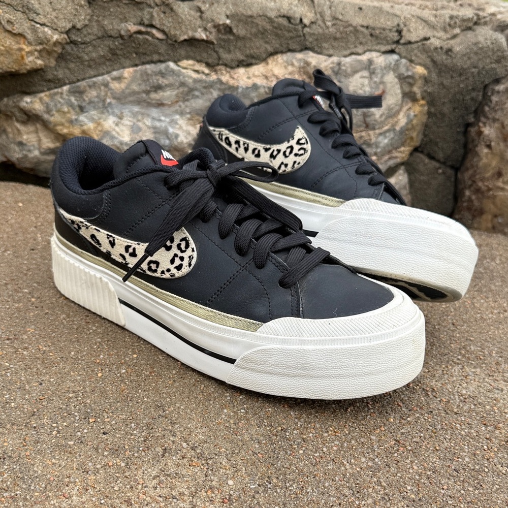 Nike Black Court Legacy Sneakers with White Platform and Leopard Swoosh
